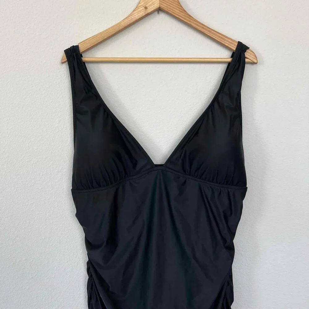 NWT J.Crew Size‎ 18 One Piece Black Swim Dress V-Neck Ruched Swimwear